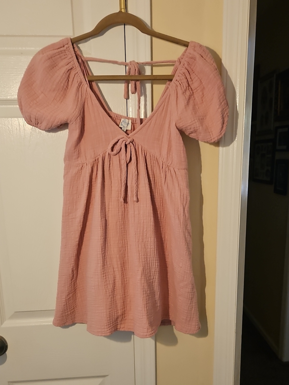 Blush Pink Puff-Sleeve Cotton Mini Dress